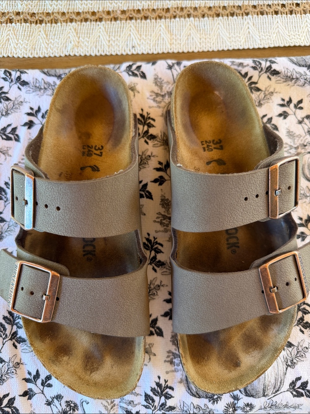 Birkenstock Two-Strap Sandals in Taupe with Rose Gold Buckles